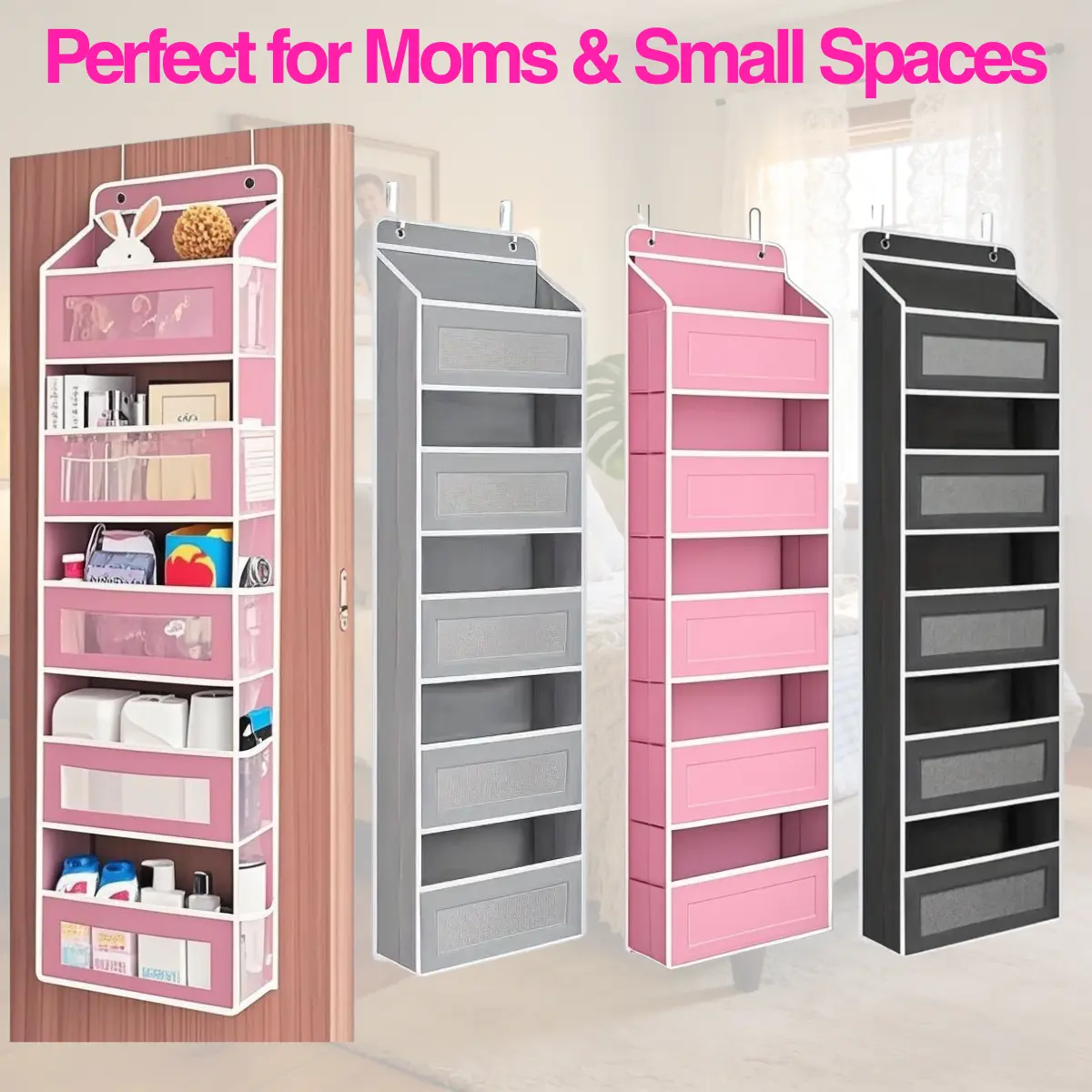 5-Tier Door-Mounted Utility Rack Over The Door Organizer with 10 Large Nylon Pockets - Anti-Tilt, Damage-Free No-Drilling Hanging Bag Organizer for Pantry, Closet Organization & Kids Nursery Diapers, Door-Mounted Utility Racks