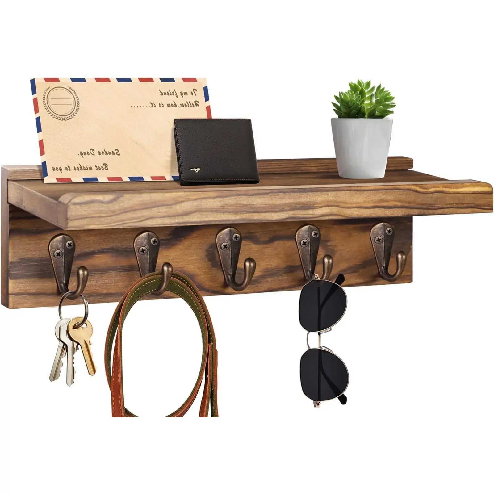 Wall-Mounted Key Storage Rack with Shelf, Rustic Wooden Key Holder with 5 Metal Hooks, Mail Organizer and Wall Decor for Hallway or Utility Room, Home Organizer Hook, Convenient Hook