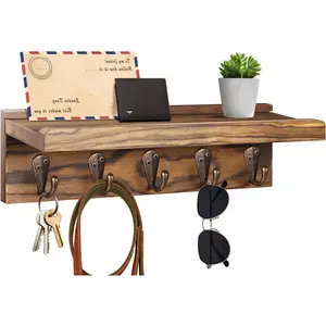 Wall-Mounted Key Storage Rack with Shelf, Rustic Wooden Key Holder with 5 Metal Hooks, Mail Organizer and Wall Decor for Hallway or Utility Room, Home Organizer Hook