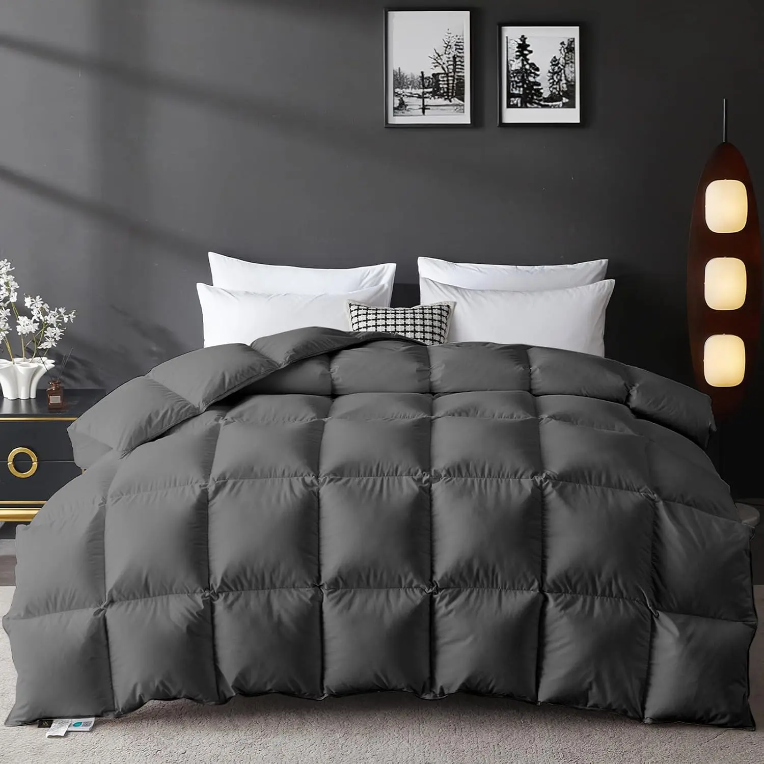 Full Size 75% Goose Down Fiber Duvet Insert - 850+ High Fill Power Hotel-Style Comforter, 1200TC Fabric, Fluffy Ultra-Soft All-Seasons Grey Bedding with 8 Corner Tabs
