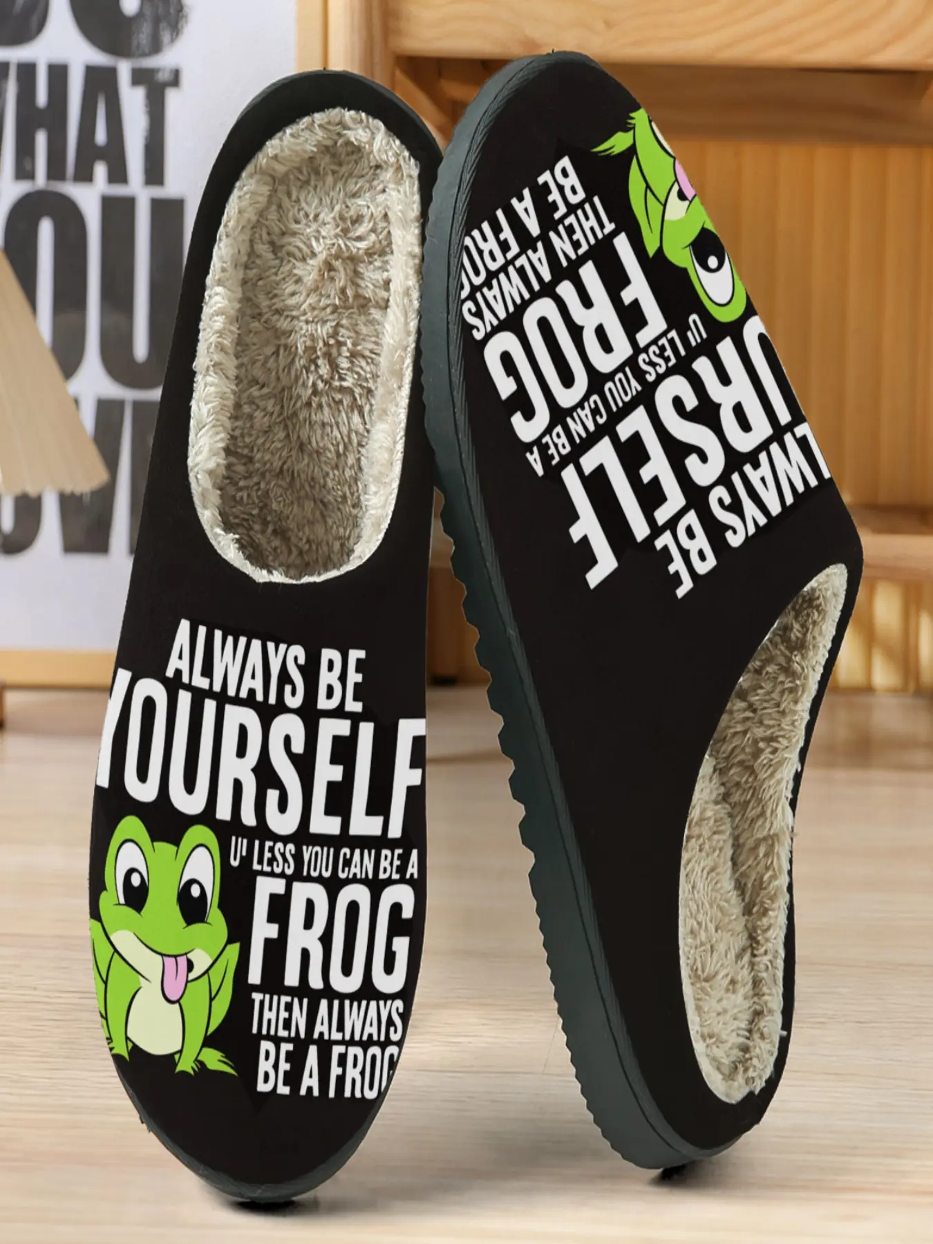 Funny Frog Slogan Cotton Slippers, Bottom Cartoon Frog Pattern, Warm Plush Lining, Casual Home Wear for Fall & Winter