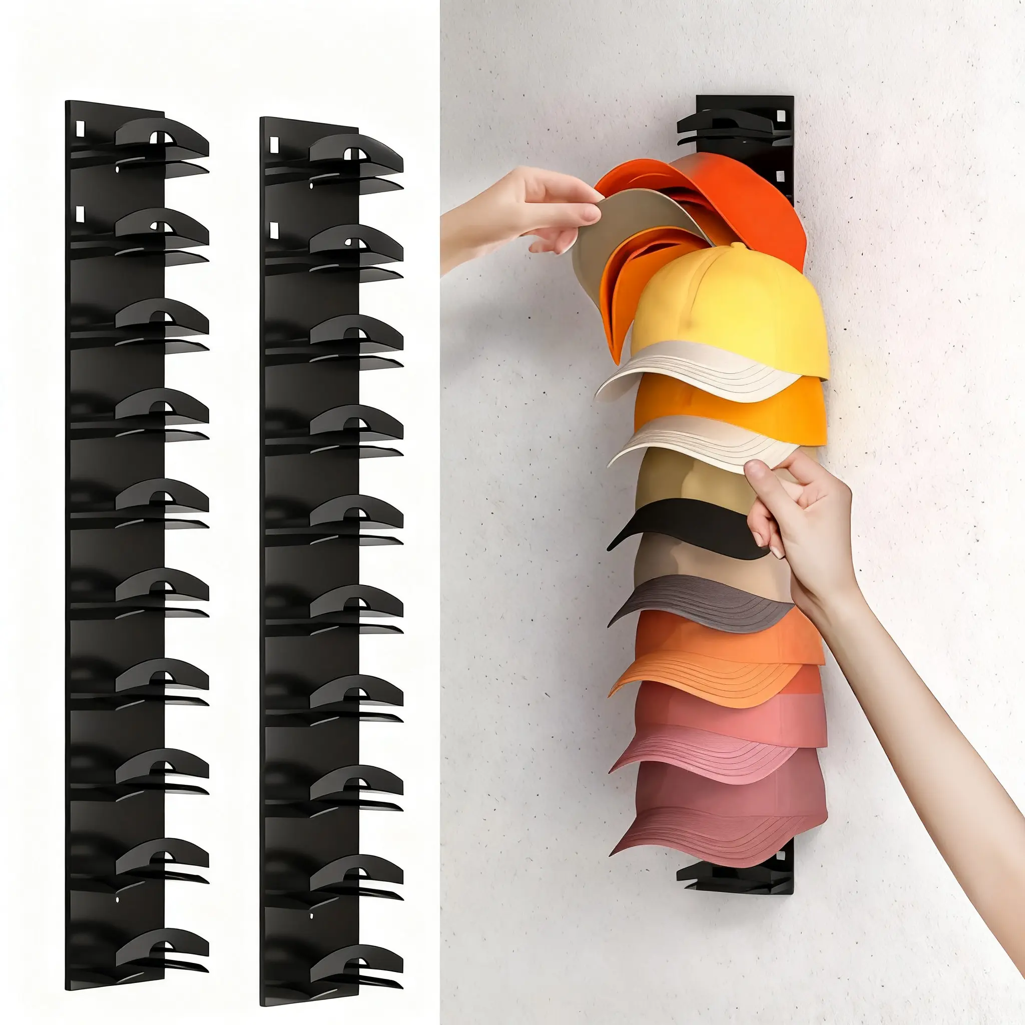 【SummerVibes】2 Hat Organizer Wall Mounted Baseball Cap Rack Black or White Adhesive Mount Holds 18 Hats for Closet Door Bedroom Easy Access Display Installation