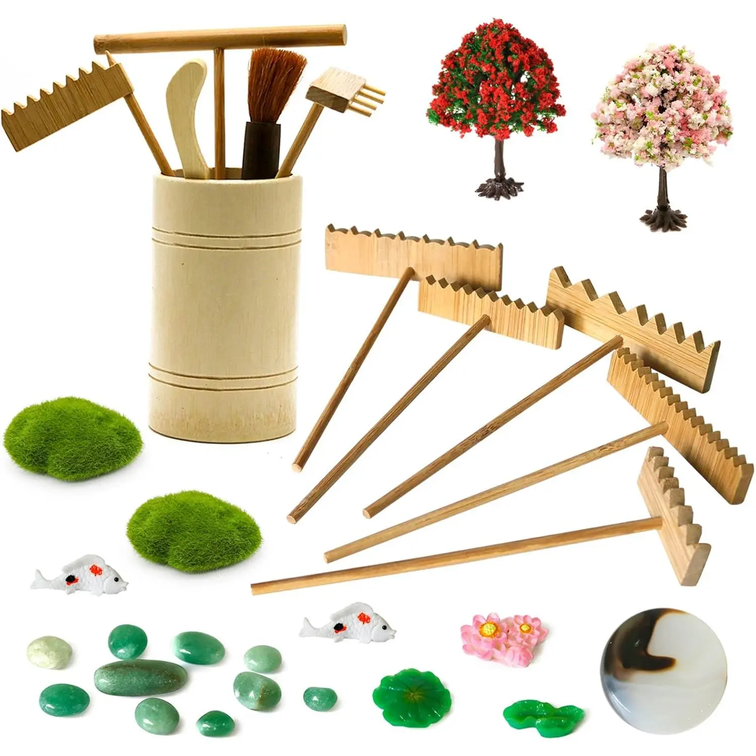Zen Garden Tools Kit Accessories -  Zen Garden Decor Zen Rake Set Mini  Rock Sand Garden Rakes  Zen  w/ Stone Bonsai Tree  Office Yoga Meditation Room Zen Decor