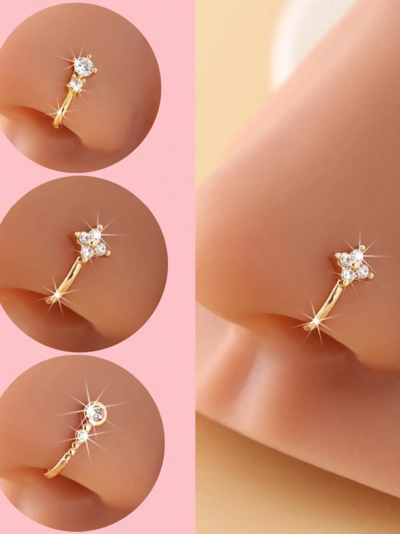 3pcs Rhinestone Decorated Clip-On Nose Rings, Adjustable Fake Nose Piercing Jewelry, Fashionable Hip-Hop Accessories, Stainless Steel, Fake Piercings, Nose Hoops