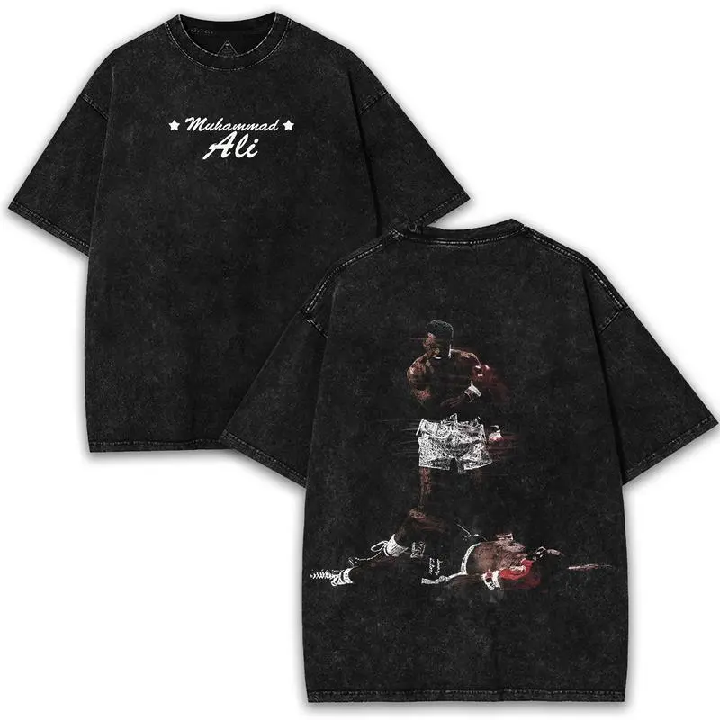 Heavyweight Muhammad Ali 'Float like a butterfly, sting like a bee!' iconic retro washed tee. Double-sided oversized streetwear graphic t-shirt.