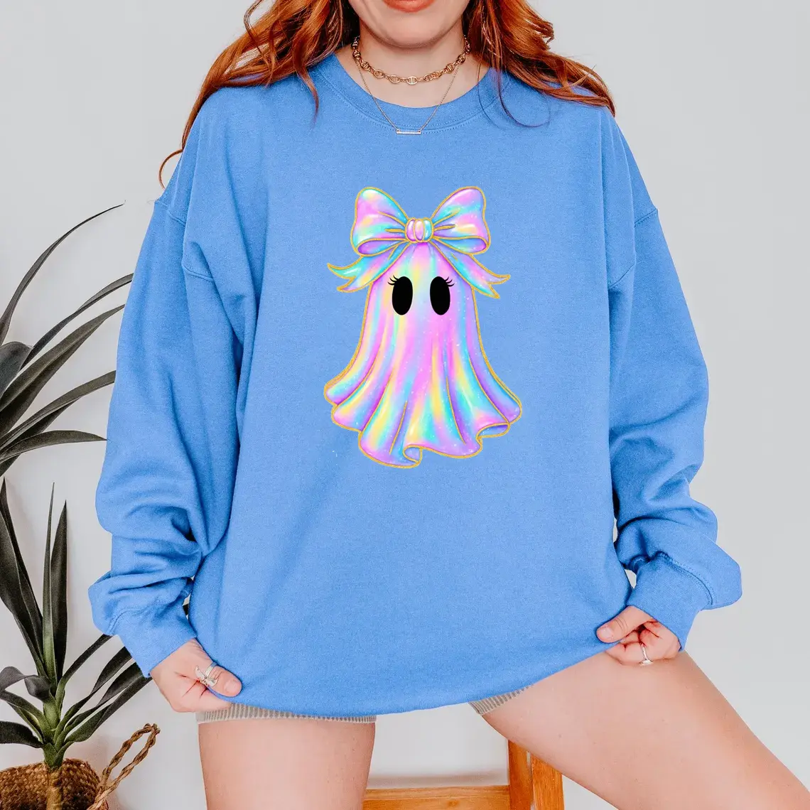 Shimmering Ghost Sweatshirt, Iridescent Ghost Sweatshirt, Pastel Halloween Sweatshirt, Glittery Spooky Season Sweater, Girly Bow