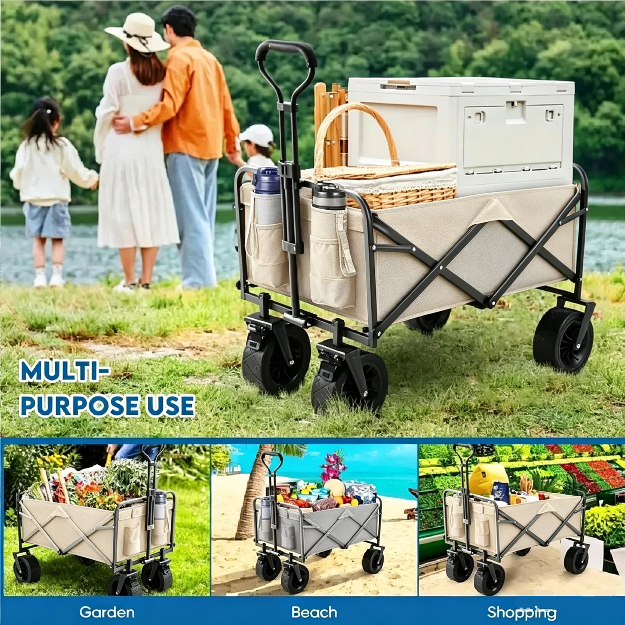 Heavy Duty Collapsible Fold Utility Wagon Cart, 440LBS All-Terrain Trolley with Brake System, Cup Holders, Adjustable Handle, College Dorm Shopping Hauler for Outdoor Camping, Yard Work