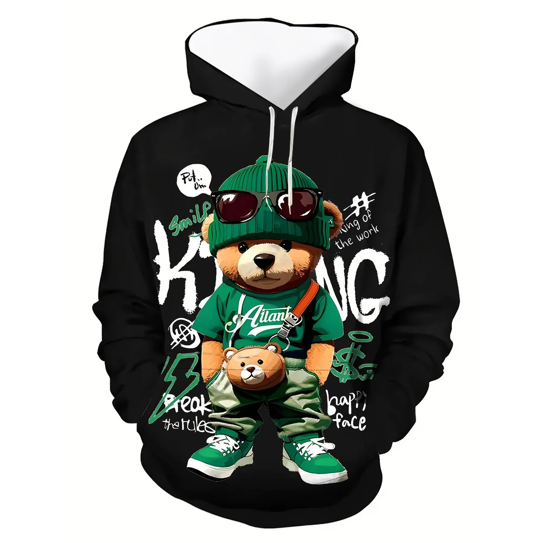 Men's Polyester Hooded Long-Sleeve Sweatshirt - 3D Digital Print Cartoon Bear Pullover Tops, Regular Fit, Slight Stretch Knit Fabric, Geometric Pattern, Kangaroo Pocket, Casual Street Style, Machine Washable, No Dry Cleaning