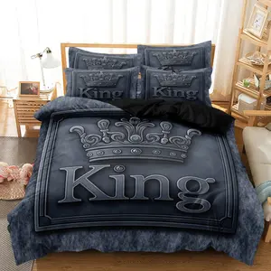 3pcs Couple's King & Queen Printed Decorative Duvet Cover Set, All-Season Home and Bedroom High Definition letter print Crown Design Contrast for Romantic Bedroom, Couple Bedding, 1 Duvet + 2 Pillowcases (No Inserts) Polyester fiber 90g