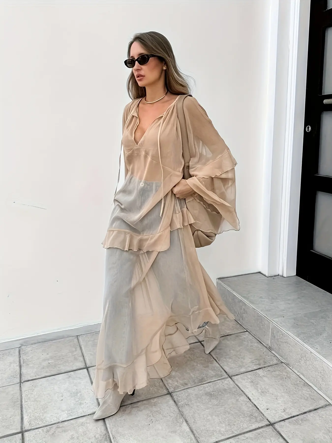 Women's Y2k Maxi Dress Stylish, Chic Ruffled Trim Solid Color Long Dress Deep V Neck Long Women's Y2k Maxi Dress Stylish, Chic Ruffled Trim Solid Color Long Dress Deep V Neck Long