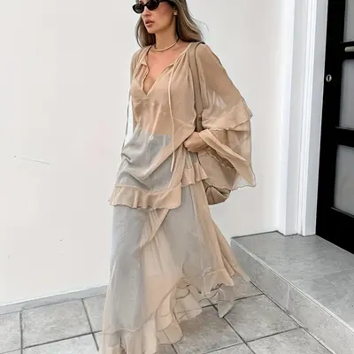 ワンピース Back Lace-Up Cotton Long Dress S ワンピース Back Lace-Up Cotton Long Dress S ワンピース Back Lace