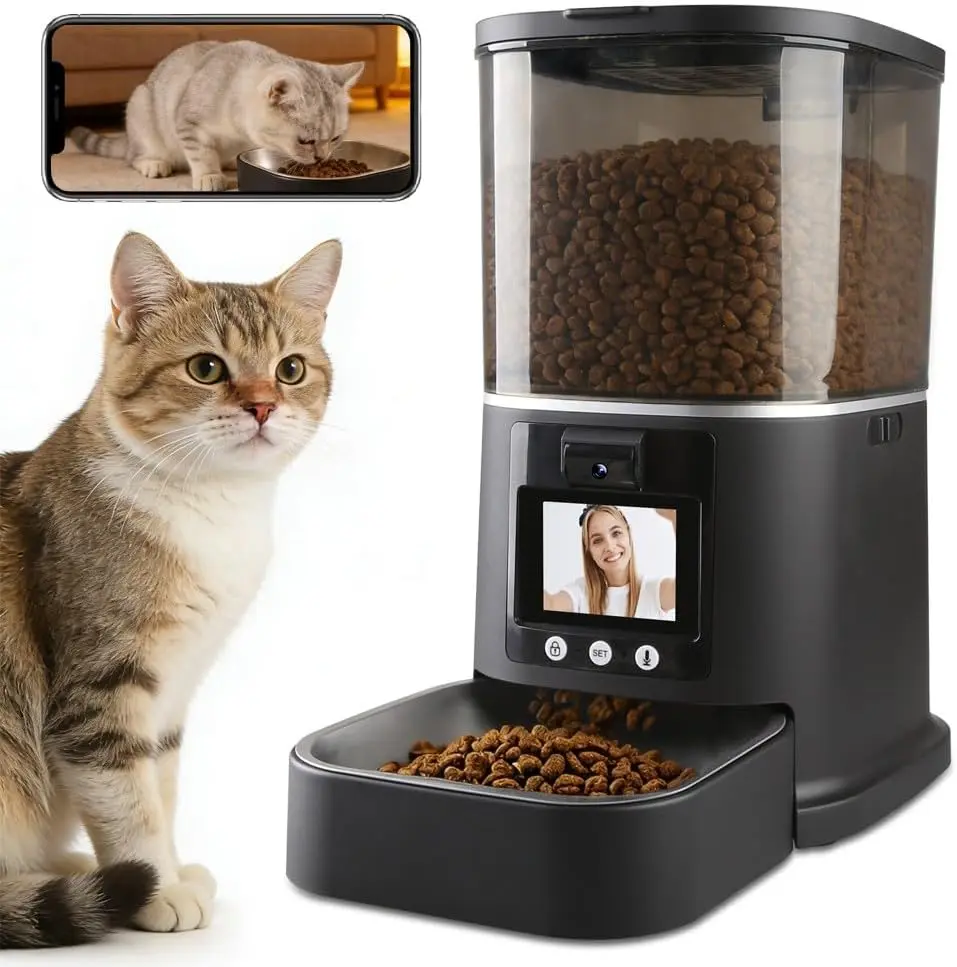5L WiFi-Enabled Automatic Pet Auto Feeder for Dogs & Cats, Smart App Control Food Dispenser with 1080P HD Night Vision Camera, 2-Way Video Audio, Timed Portion Control, Remote Feeding, Metal-Plastic Construction