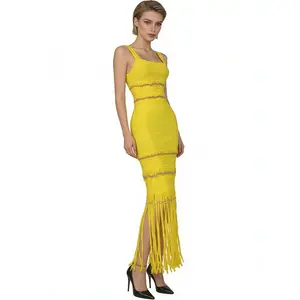 Luxury Yellow Fringe Bandage Dress, Crystal Embellished Cutout Bodycon Maxi Cocktail Dress for Women