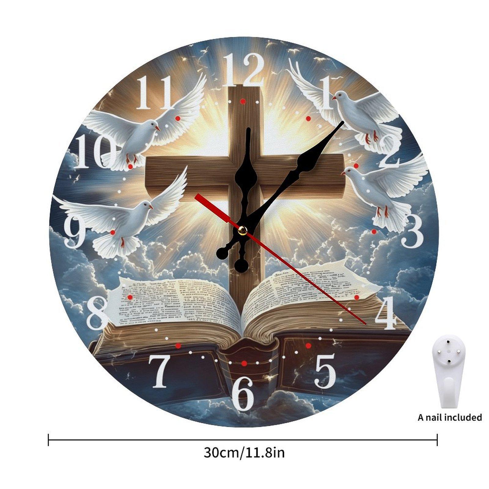 12 Inch Christian Cross Bible Dove Wooden Wall Clock | Silent Non-Ticking Religious Christian Decor, No Battery Included, Perfect for Home, Church, Prayer Room