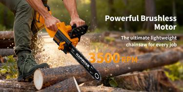 HANWISE 12 inch brushless electric chain saw features an enhanced handheld design with cordless and portable functions. It is very suitable for cutting wood, maintaining yards and gardens. It is an excellent gift choice for men and husbands.