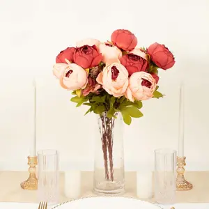 2 Pack Burgundy / Dusty Rose Artificial Peony Flower Wedding Bouquets, Faux Silk Flower Arrangements 19"