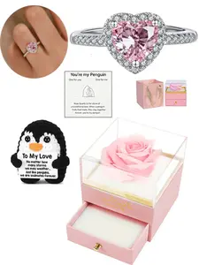 Heart Diamond Sparkling Stone Open Ring, Heart Cluster Ring, Handmade Crochet Penguin, Valentine's Day Gift Jewelry, Minimalist Rose Flower Box