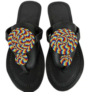 Handcrafted Beaded Sandals Black Multicolor Spiral Design with Colorful Beadwork on Black Sole