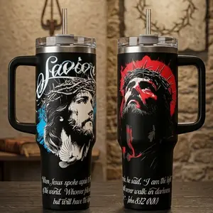 Saviour Jesus Christ 40oz Tumbler with Handle | Vintage Catholic John 8:12 Custom Cup 20oz No Handle | Gothic Tattoo Style Faith Insulated Mug | Christian Religious Gift | Cup Holder Friendly