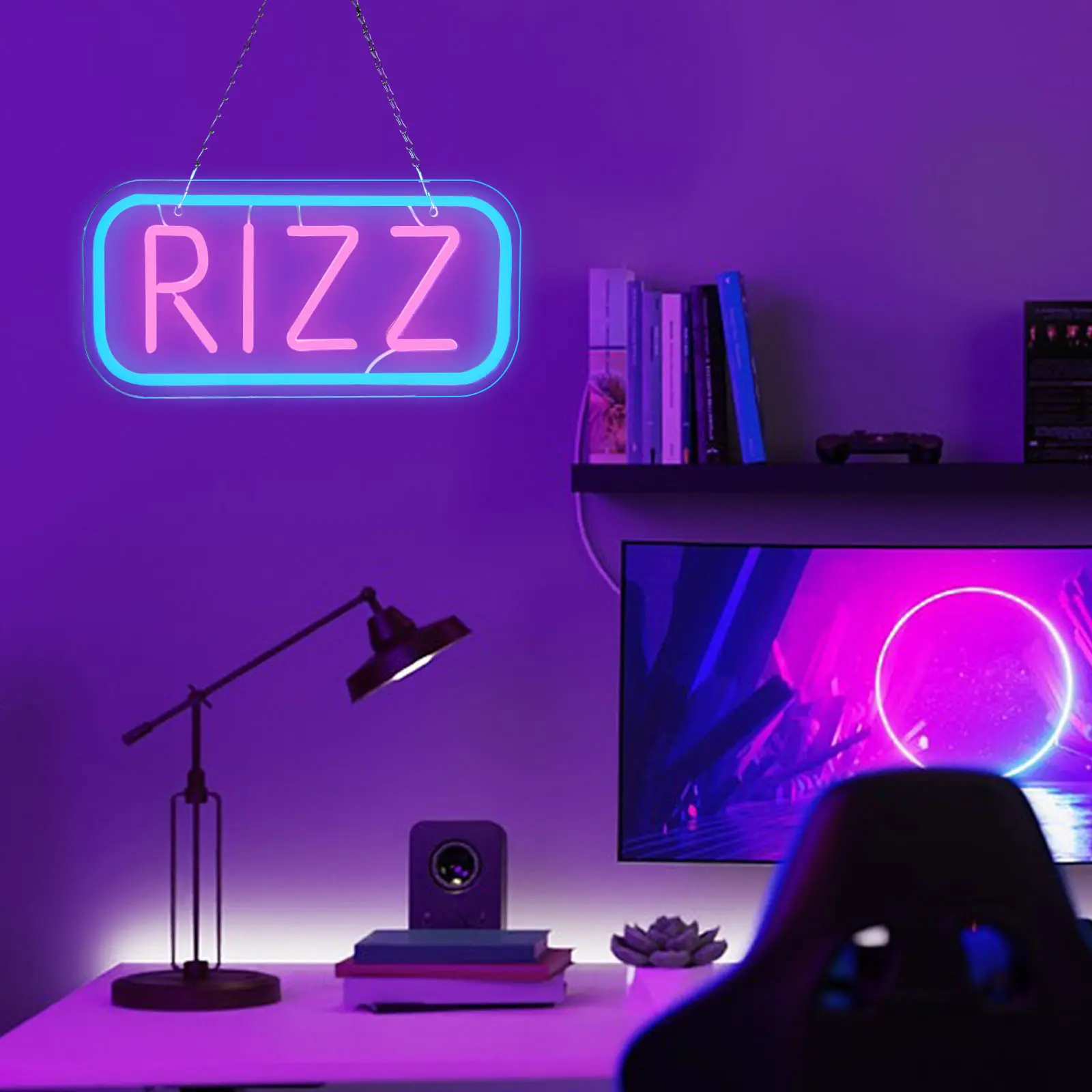 SERBASIC Rectangular Ice Blue with Pink RIZZ LED Neon Sign - USB-Powered, On/Off Switch, Modern Colorful Dark Glowing Novelty Lighting for Indoor Wall Decor, Game Room, Backlit Light Signs, Colored Light Signs