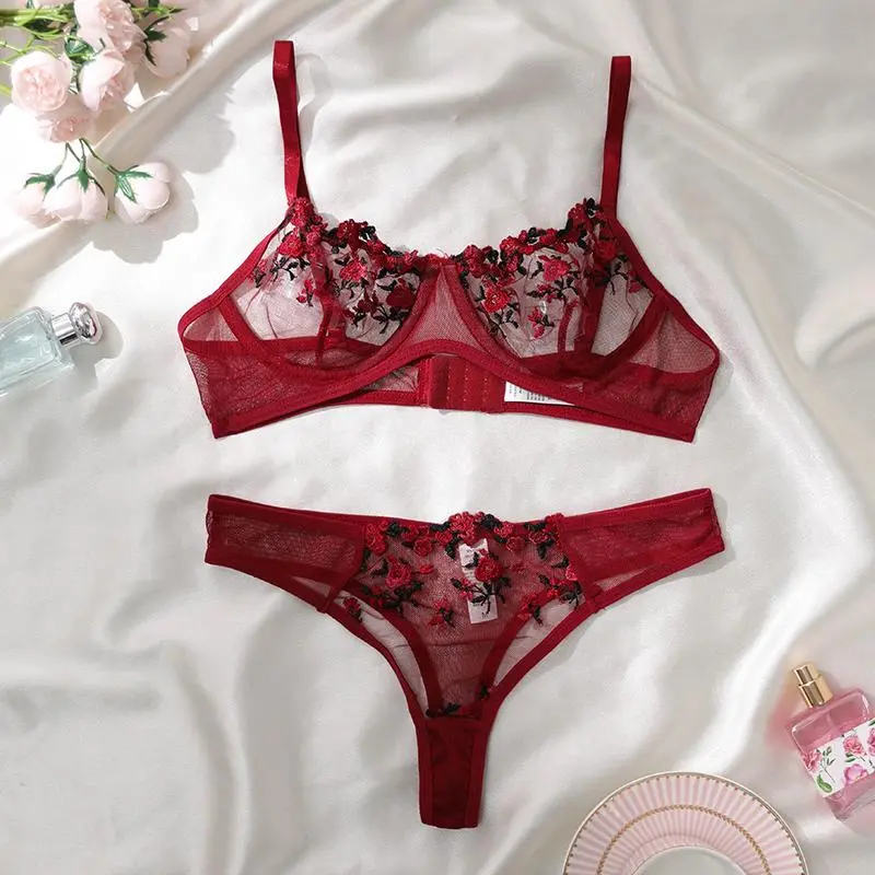 AESKEIA Lingerie Set for Women, 2-Piece Cute Romantic Mesh with Floral Embroidery, Underwire Bra and Panty, Underwear Sets, Sexy, Fairy, Fabric