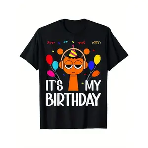 Teenagers 'It'S My Birthday' Sprunki Graphic T-Shirt- 100% Cotton, Short Sleeve, Casual Comfortable, Black, Colorful Party Design, Perfect for Summer Celebrations