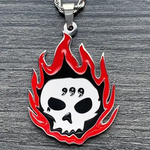 WRLD 999 Skull Necklace - 1.5" Mirror Polished Juice Pendant in Stainless Steel with Black & Red Enamel Flames - Scratch Free & Durable Choice of Chain Free Gift Included