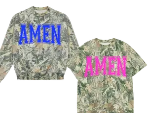 AMEN Camo Puff Print Tshirt with Bold Blue Lettering and Tree Pattern Design