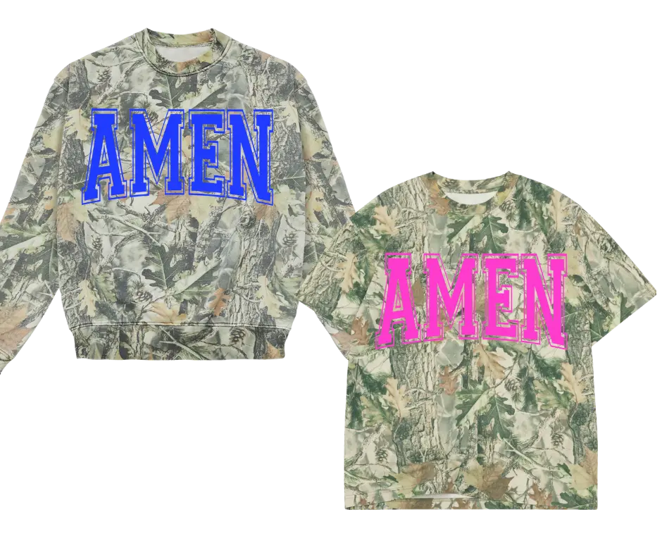 AMEN Camo Puff Print Tshirt with Bold Blue Lettering and Tree Pattern Design