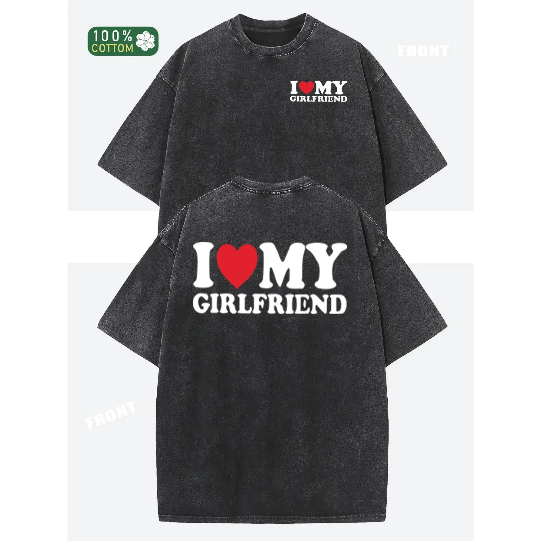 180gvalentine shirts I love my girlfriend alphabet print pure cotton, oversize shoulder retro street basics loose hip-hop men's and women's tops Autumn summer do old washed T-shirt Short sleeve round neck T-shirt