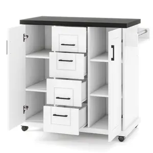 COSTWAY - Rolling Kitchen Island Cart on Wheels with Storage Cabinets-White