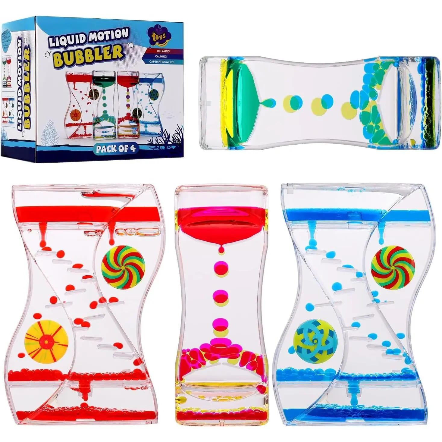 XY-TIM07 4-Pack Plastic Liquid Motion Bubbler Sensory Toys - Silent Operation, No Alarm, Hourglass Shape Stress Relief Fidget Toys for ADHD, Home Office Desk Decor Supplies