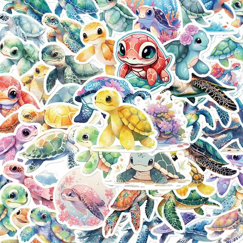 50pcs/set Cute Cartoon Turtle Series Sticker, Mixed Pattern Decorative Graffiti Stickers, DIY Creative Paper Materials For Guitar Skateboard Water Bottle