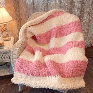 Chunky Blanket - Soft Cozy Pink White Throw for Chilly Nights - Handmade with Love - 40x60 Inches finger knit