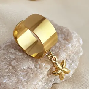 Stainless Steel Gold Color Starfish Rings For Women Men Sun Star Geometric Chunky Opening Rings Aesthetic Fashion Jewelry Gift