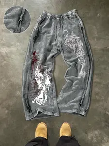 Dark Gothic Vintage Washed Cotton Wide Leg Pants with Angel and Thorn Cross Graphic Print, Fitted Style for Casual Outings, Soft Fabric for Warmth