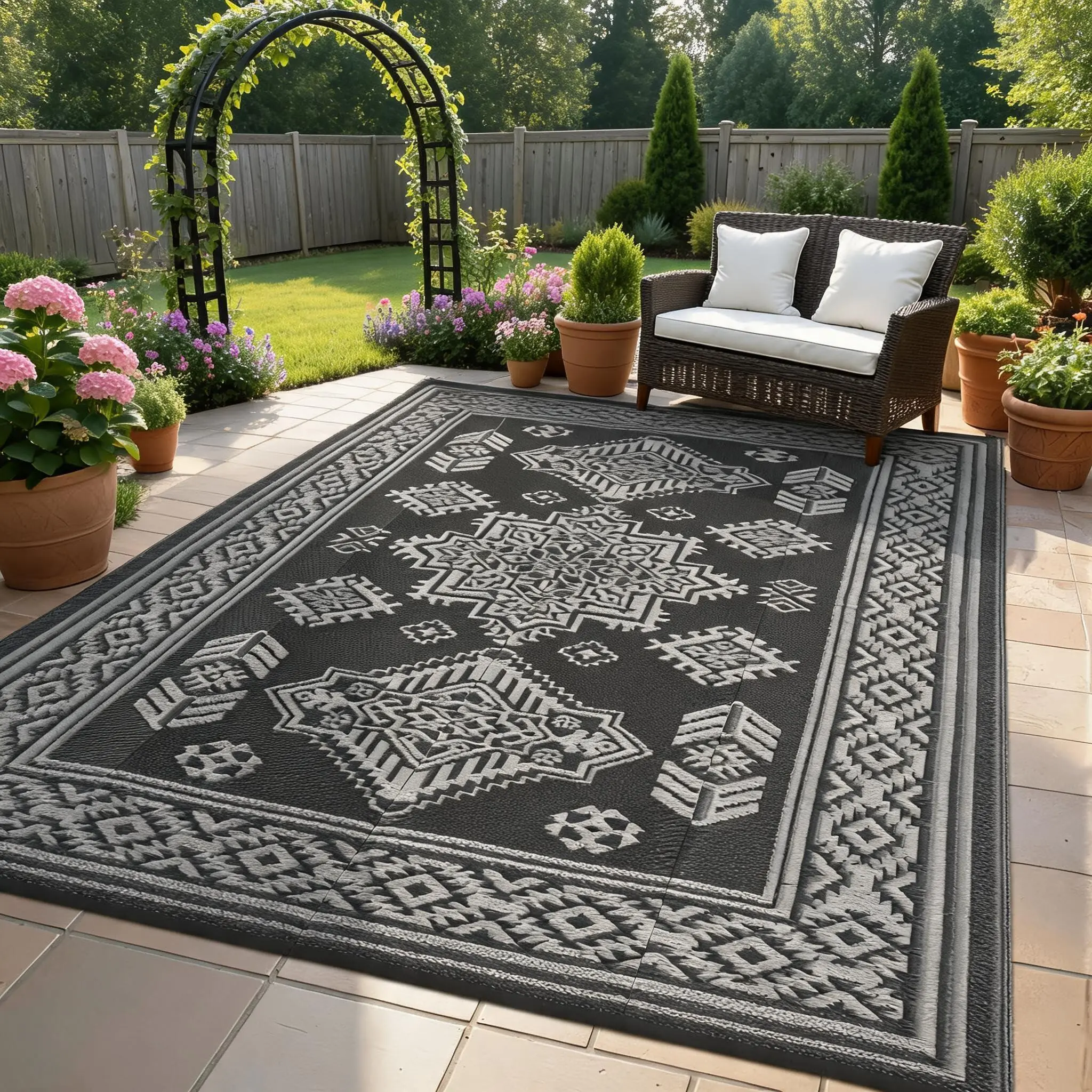 Outdoor Rugs Vintage Medallion Large Outdoor Rug 9x18 Plastic Carpet RV Mat Carpet for Patio, Exterior Entry, Backyard, Deck, Bench, Picnic, Camper，Black/Grey