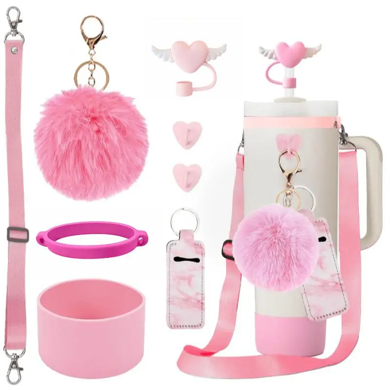 Water Bottle Accessories Set, 8 Counts/set Including Straw Cover & Lipstick Bag & Keychain & Sticky Hook & Silicone Bottom Cup Boot & Strap Set, Love