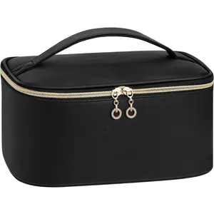 Travel Makeup Bag, Large Capacity  Bags for Women,Portable  Leather Toiletry Bag Make Up Organizer Bag with Divider and Handle