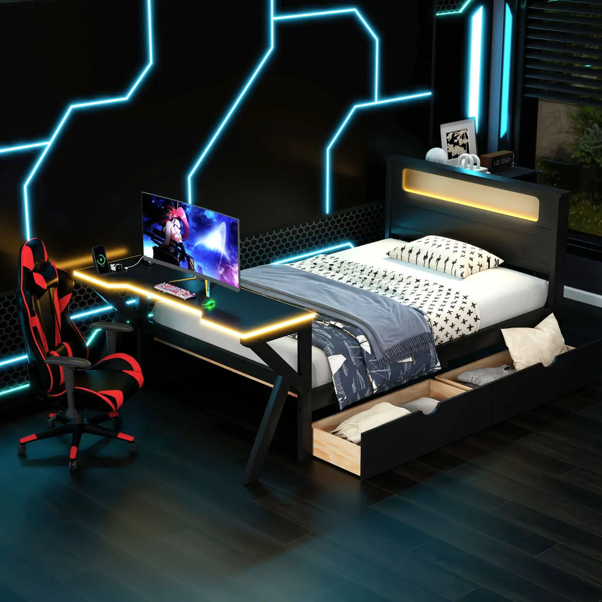 Twin Size Gaming Bed Frame - Wooden Platform Bed with LED Headboard, Desk, USB Ports, 2 Storage Drawers, No Box Spring Needed, Black, Platform Bed Design
