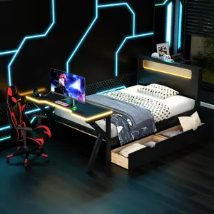 Twin Size Gaming Bed Frame with Desk and LED Headboard, Wooden Platform Bed with USB and 2 Storage Drawers, No Box Spring Needed, Black