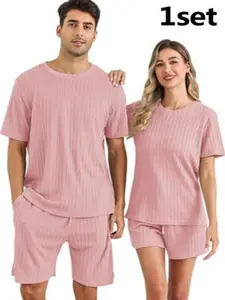 Couple Sleepwear Set, Men's Plain Round Neck Short Sleeve Shorts, Women's Casual Loose Fit Home Clothing, All Seasons