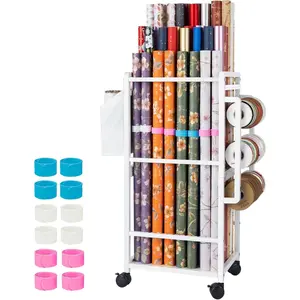 Wrapping Paper Organizer Storage, Rolling  Wrap Storage Stand, Vertical Wrapping Paper Storage Cart, Ribbon Organizers, 12 count  Bracelets, Adjustable Rod Design, White