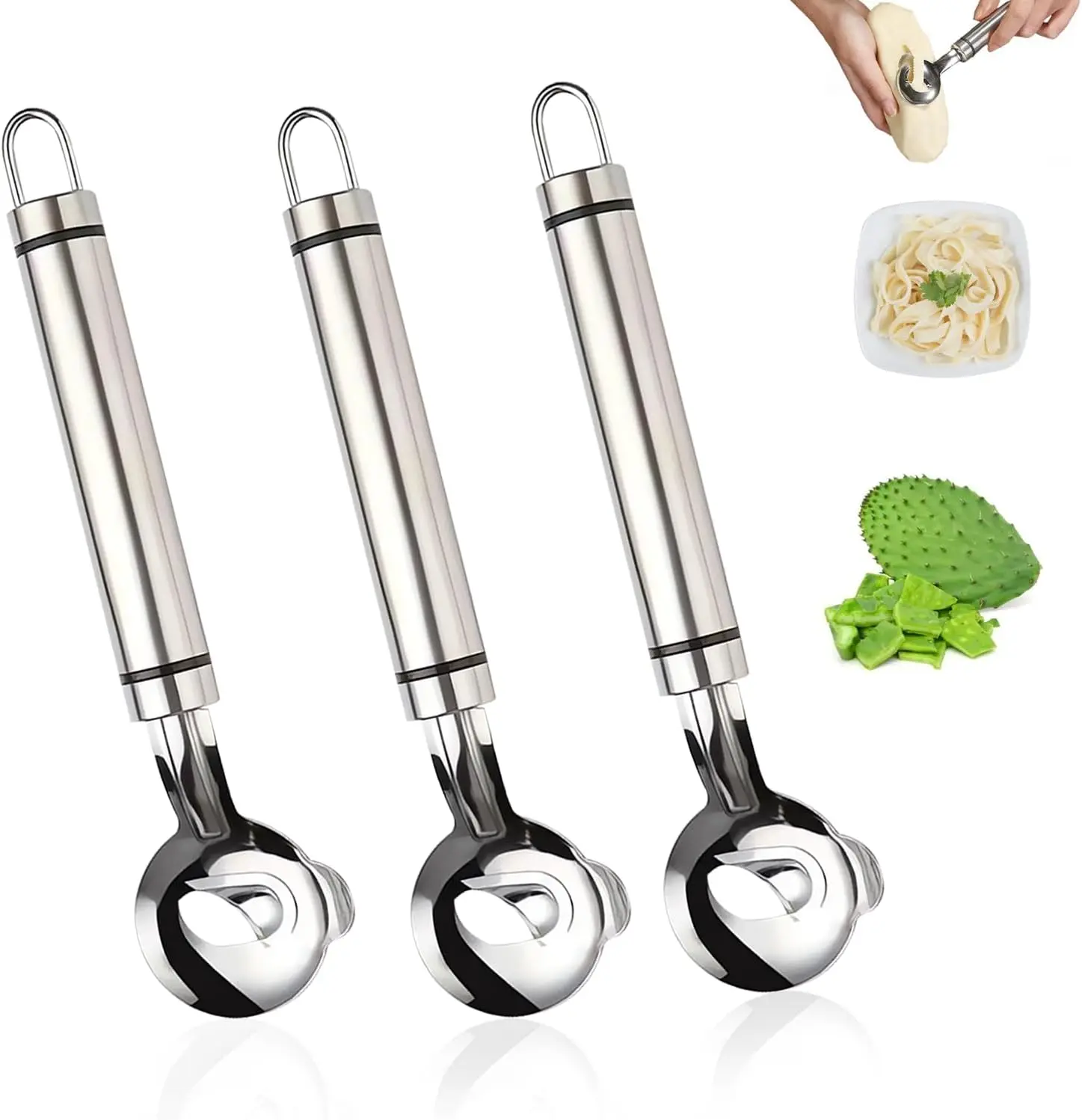 Home Master 3-Piece Stainless Steel Cactus Peeler Set - Ergonomic Blade Kitchen Tool for Peeling, Slicing - Silver, Easy to Clean, Hanging Design