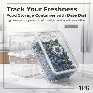 Food Storage Container with Date Dial, available in 3 sizes. Airtight, leak-proof and fully transparent to track food freshness. Ideal for fridge organization, storing fruits, vegetables, leftovers and prepped meals.