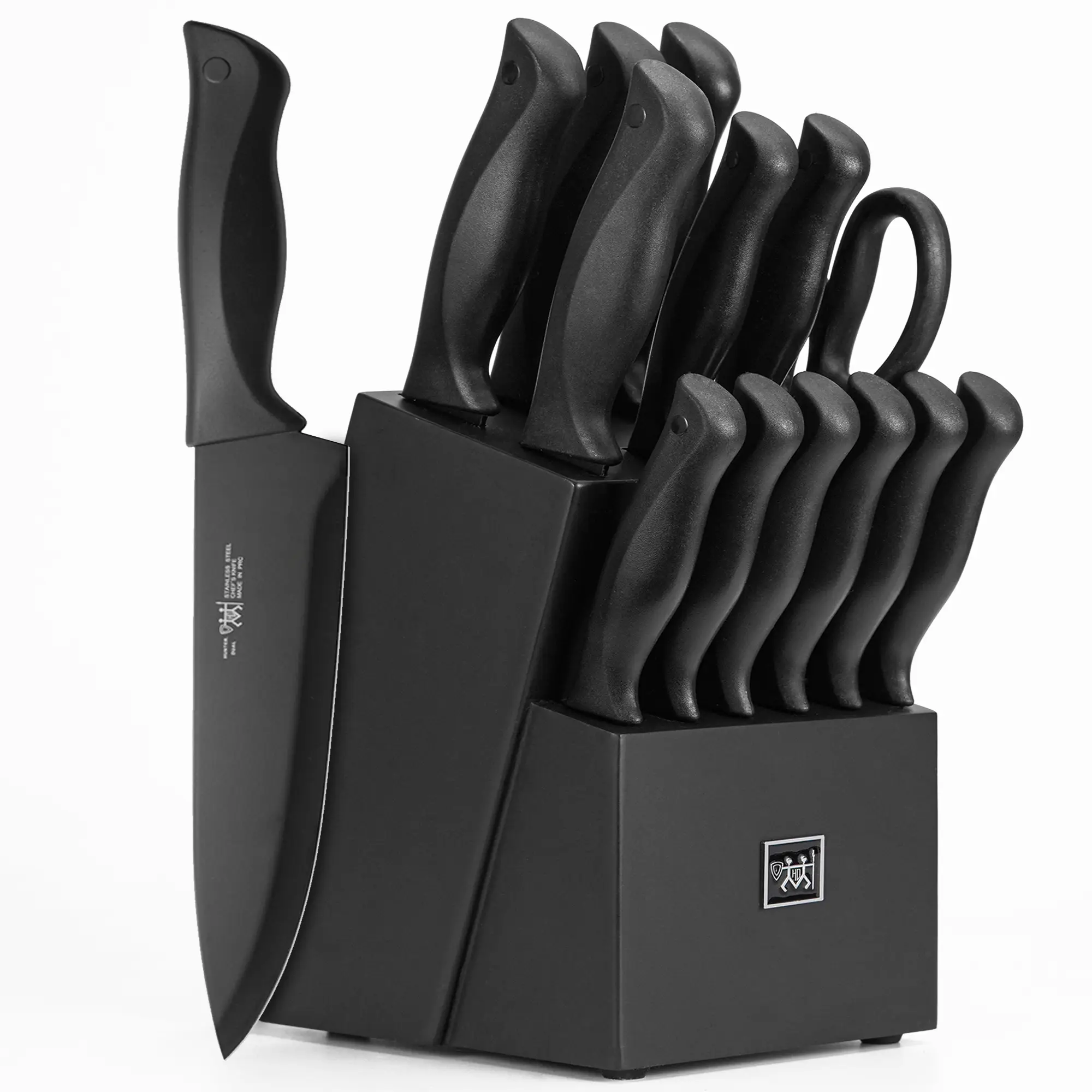 Knife Set, HUNTER.DUAL 15 Pcs Kitchen Knife Set with Block Self Sharpening, Dishwasher Safe, Anti-slip Handle, Black Steel Wood Wooden Sharpener Steak