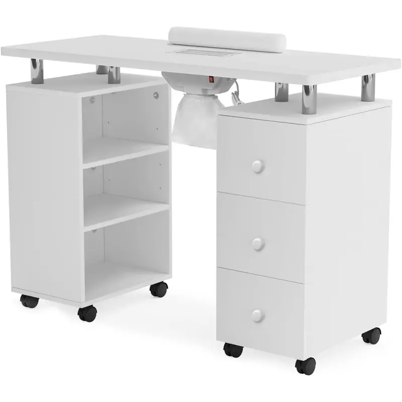 OmySalon Stable Painted Nail Table for Nail Techs - Waterproof Square Wood Commercial Salon Desk with MDF Surface, Electric Downdraft Vent, Lockable Wheels, Wrist Cushion, Storage Shelves, Drawers, Detachable Dust Bag, Easy to Clean, Assembly Required