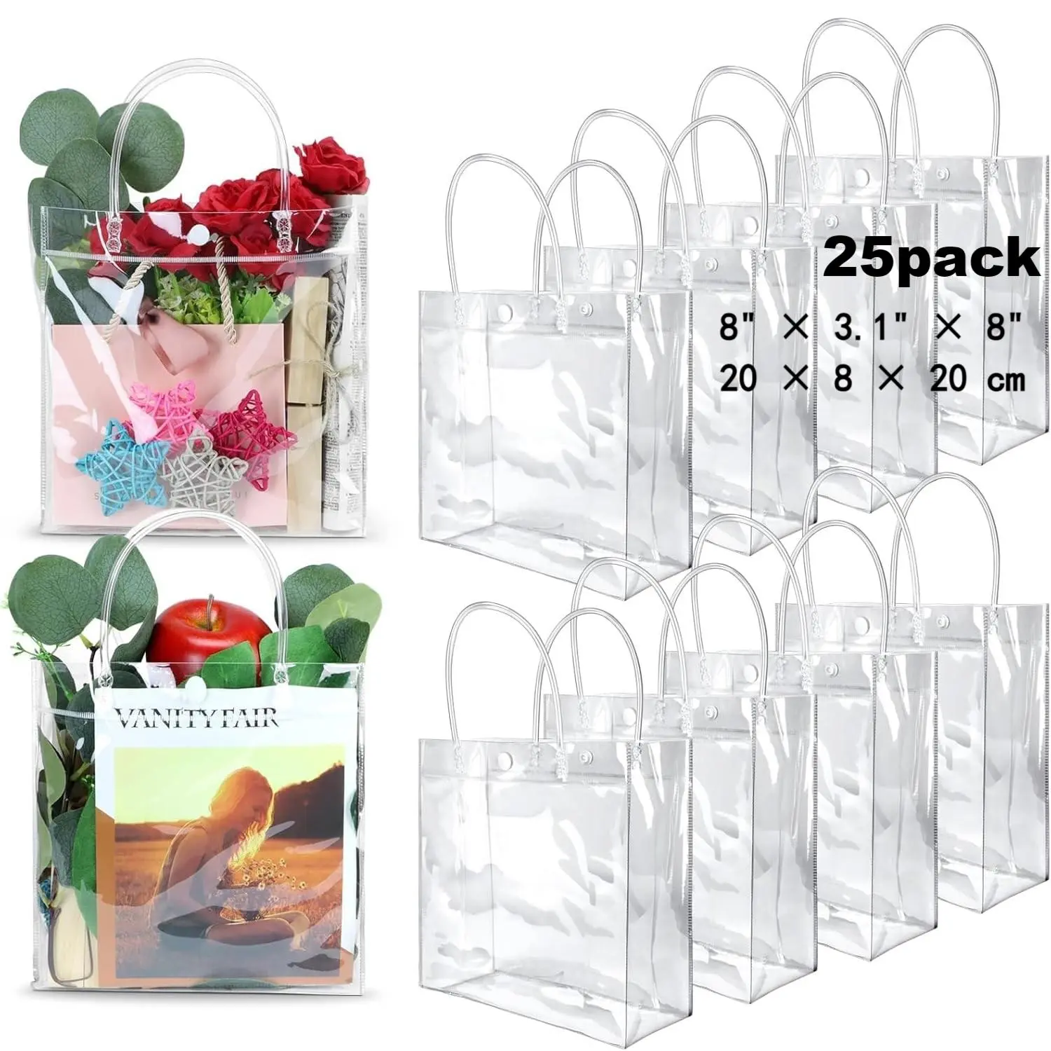 25PCS Clear Gift Bags with Handles, 8x3.1x8in Transparent PVC Shopping Bags for Party & Gifts 25PCS Clear Gift Bags with Handles, 8x3.1x8in Transparent PVC Shopping Bags for Party & Gifts