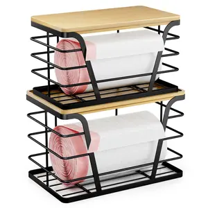 2 Pack Stackable Storage Laundry Kitchen Organizers, Wall Mount Trash Bag Holder with Bamboo Top and Garbage Bag Dispenser No Drill
