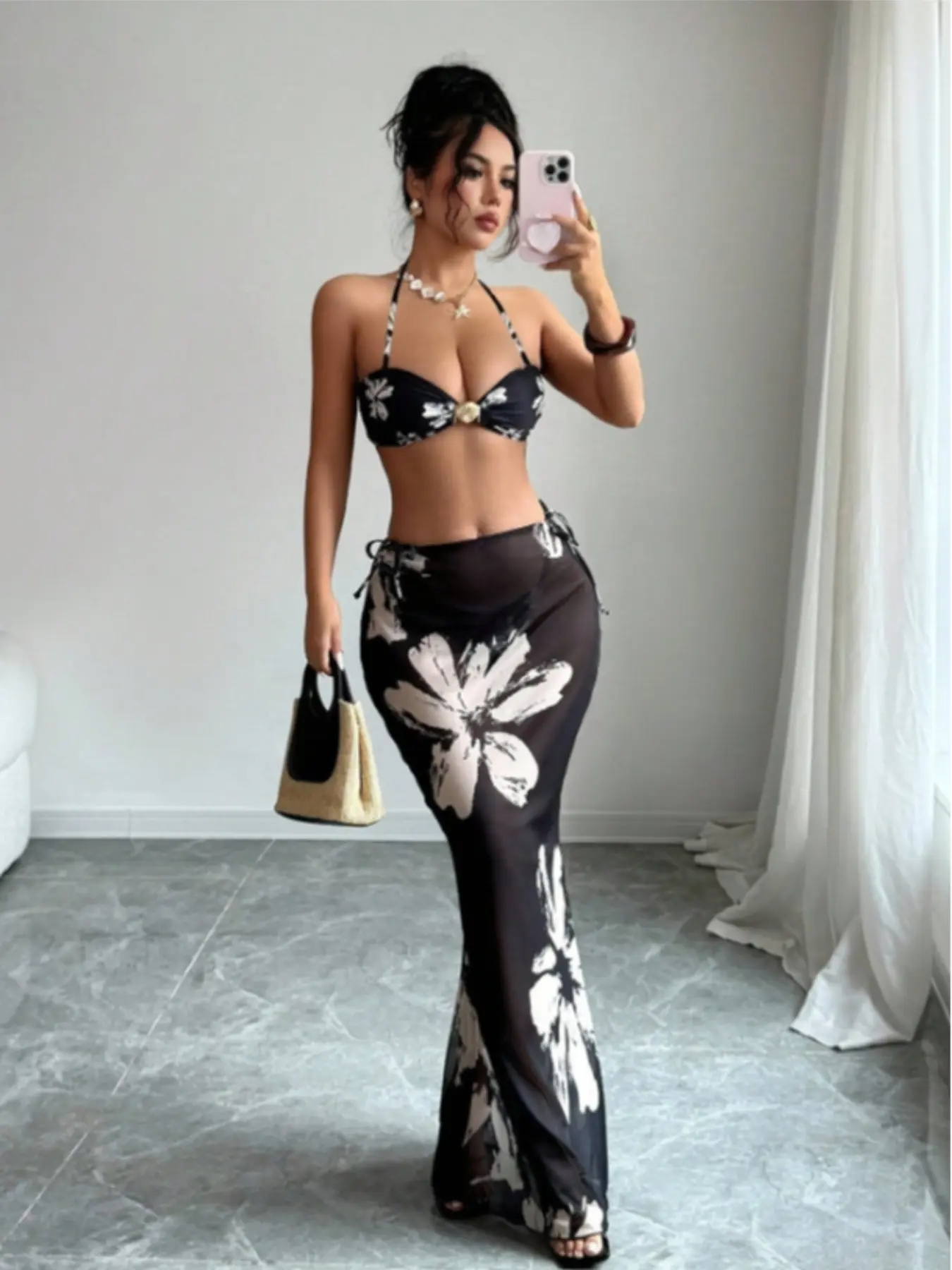 Women's Summer Vacation Print Halter Top, Triangle Bikini Bottoms & Long Dress Set, Casual Beach Pool Party Fashion Swimwear, Bikini Swimsuit Outfit, Bikini Outfits